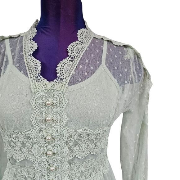 Mint Green Swiss Polka‎ Dot Sheer Victorian Dress Size Medium Women's R14 - Picture 2 of 7